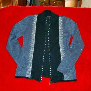 Fontana Black Ribbed Shimmer Jeweled Zip Up Sweater Size Medium